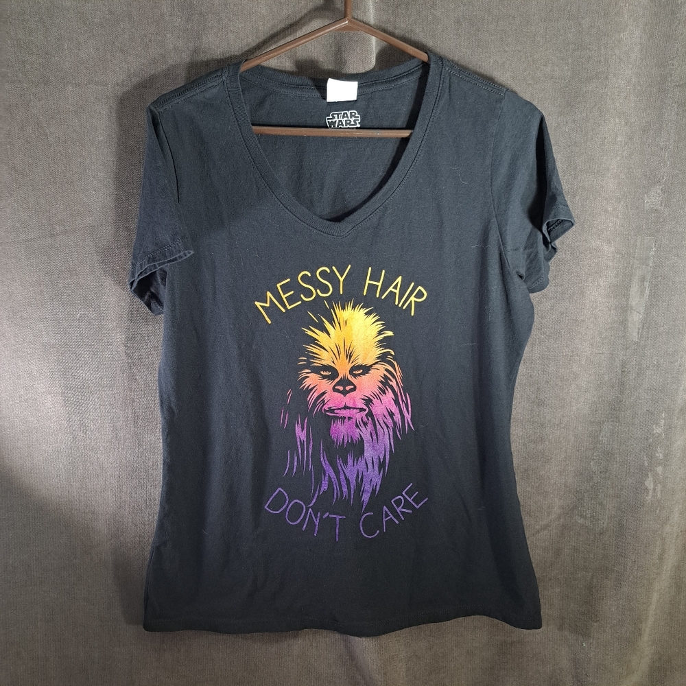 Star Wars Chewbacca Messy Hair Don't Care Ombre Black Graphic Tee,purple,yellow,